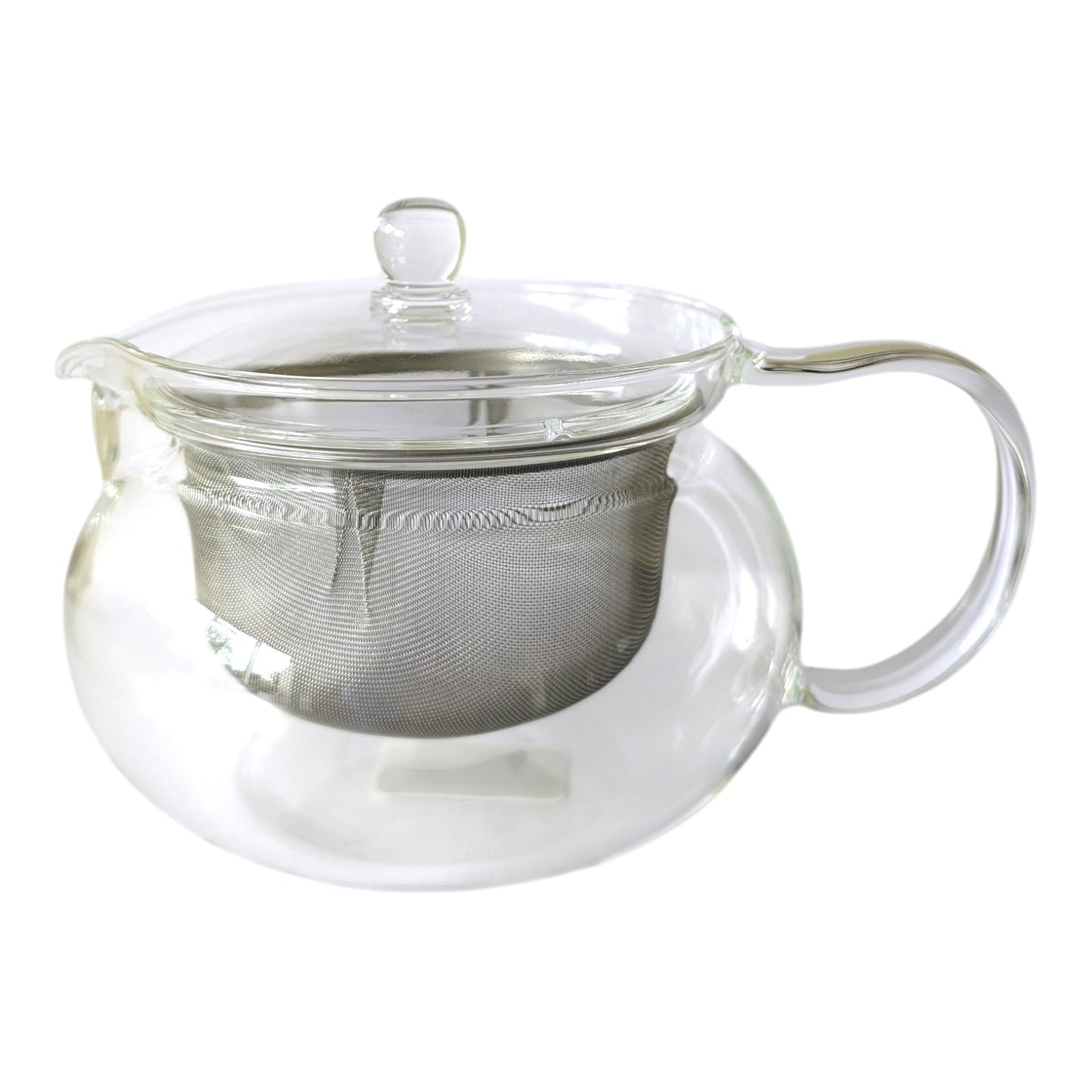 Clear glass teapot with a matching glass lid, a stainless steel mesh infuser inside, and a curved glass handle, shown on a plain white background.