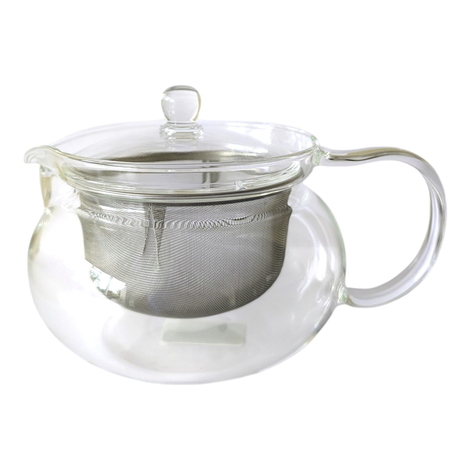 Clear glass teapot with a matching glass lid, a stainless steel mesh infuser inside, and a curved glass handle, shown on a plain white background.