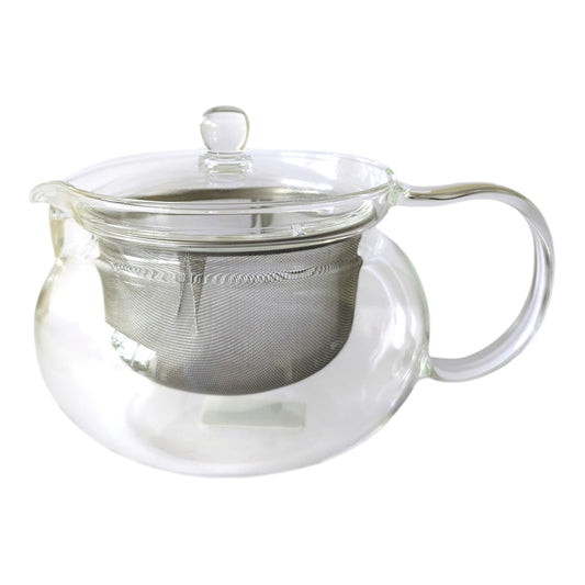 Clear glass teapot with a matching glass lid, a stainless steel mesh infuser inside, and a curved glass handle, shown on a plain white background.