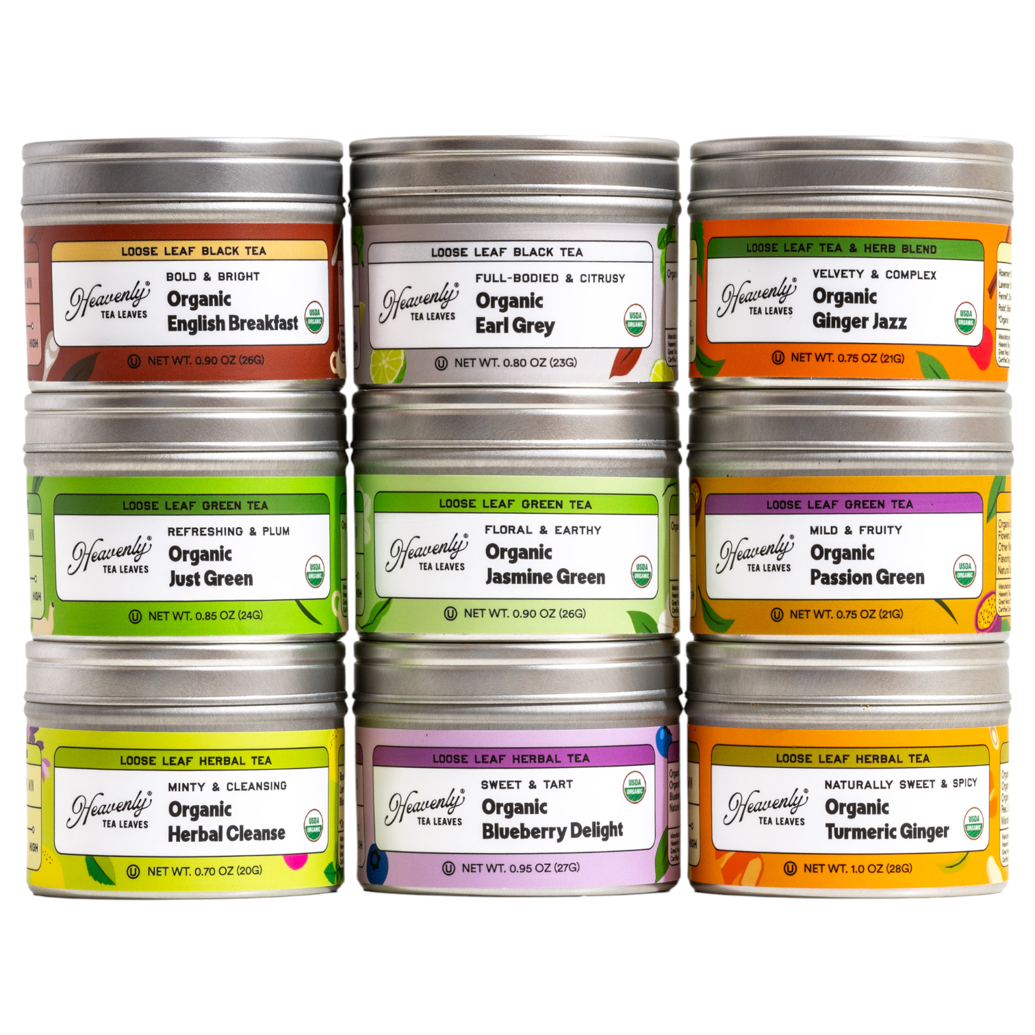Organic Loose Leaf Tea Sampler - USDA Organic & OU Kosher - Try a Variety of 9 Loose Leaf Teas & Herbal Tisanes - Great Gift | Heavenly Tea Leaves