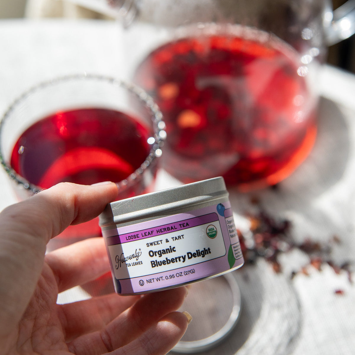 Organic Blueberry Delight, Loose Leaf Herbal Clear Top Tea Tin | Heavenly Tea Leaves