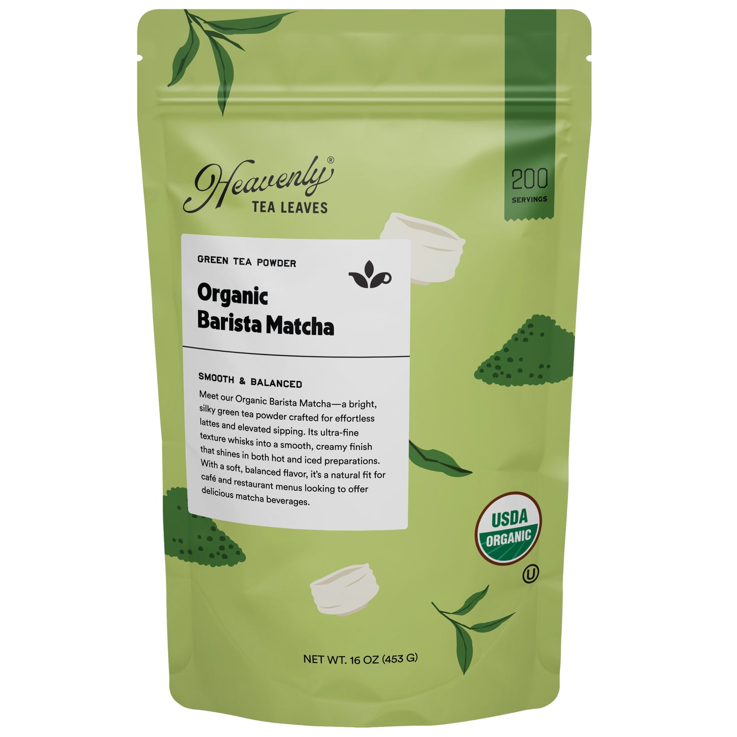 Green tea powder package with 'Heavenly Tea Leaves' branding on a white background