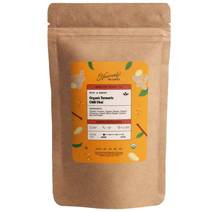 Organic Turmeric Chili Chai - Golden Milk Loose Leaf Tea - Spicy Turmeric Herbal Tisane - Cold Relief - Throat Soother -Heavenly Tea Leaves