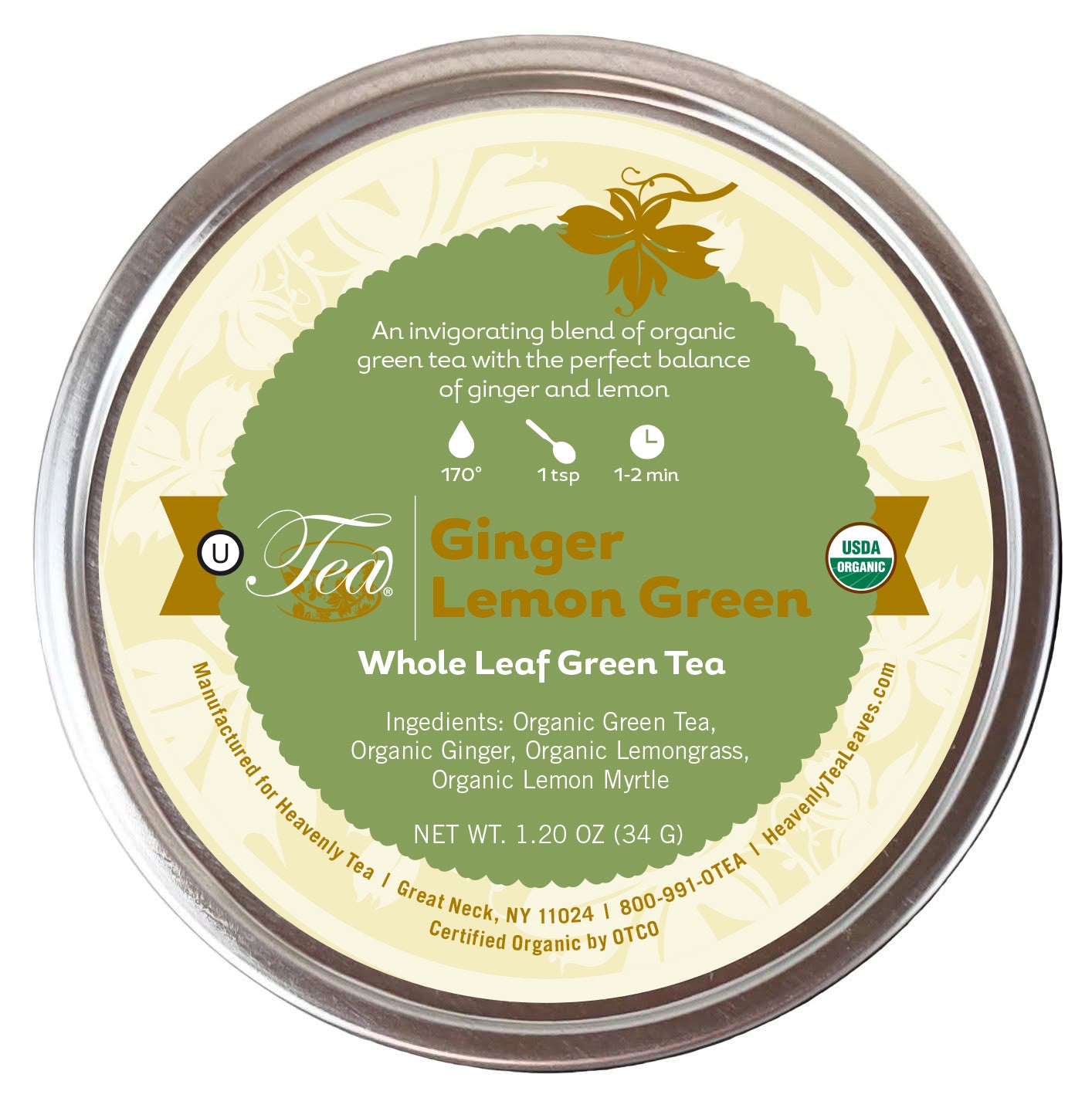 Organic Ginger Lemon Green Tea Tin - Loose Leaf Green Tea - Wellness Blend - Heavenly Tea Leaves