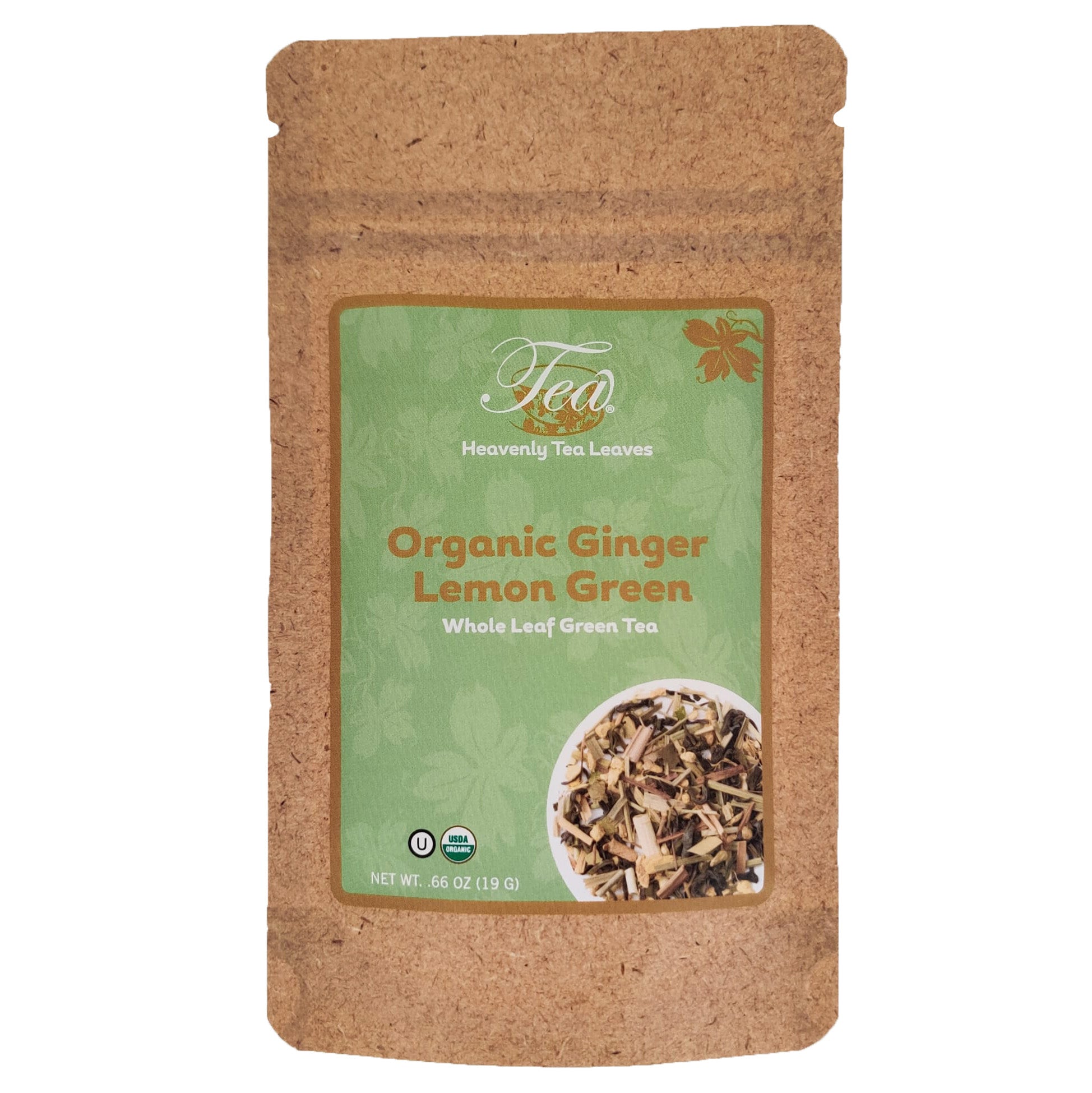 Organic Ginger Lemon Green, Essentials Collection, .66 Oz. - USDA Organic & OU Kosher - Compostable Packaging - Premium Loose Leaf Green Tea - Heavenly Tea Leaves